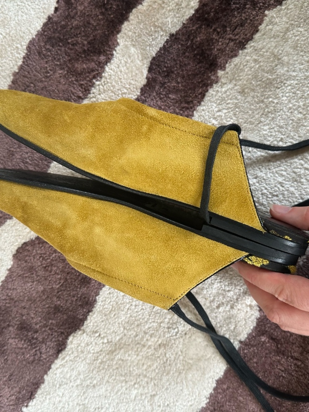Dries Van Noten Suede Mules 38 Almond Pointed Toe Ballet Flat Laces Gold Yellow - Picture 5 of 9